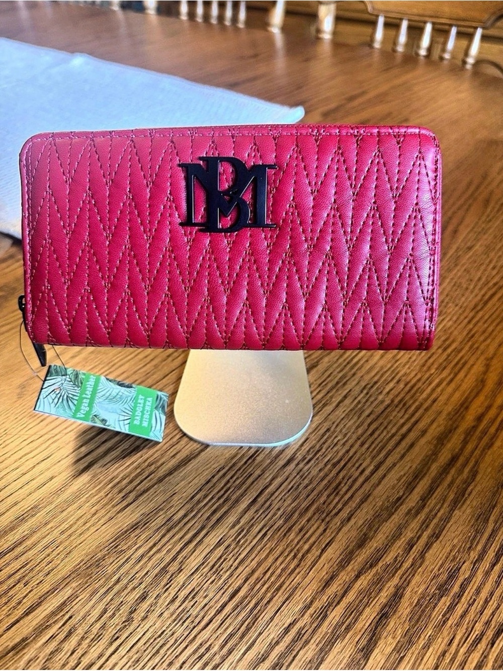 Badgley Mischka Quilted Hot Pink Zip Wallet with Black Logo